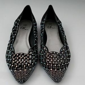Faux suede laser cut rhinestone black flats 8